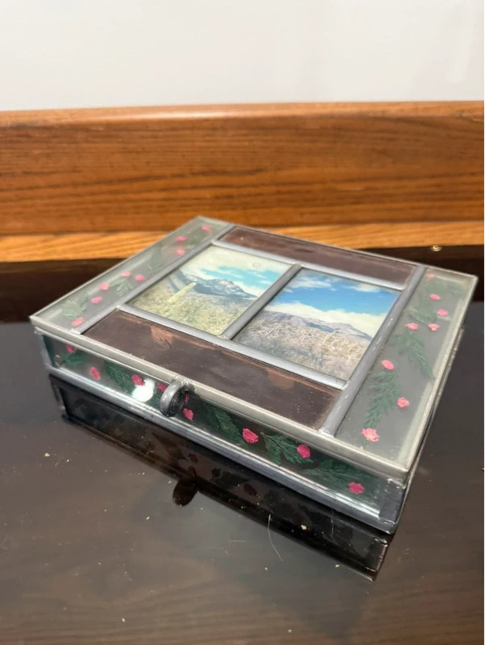 Vintage Stained Glass Photo Frame Jewelry Keepsake Box Floral Mirrored